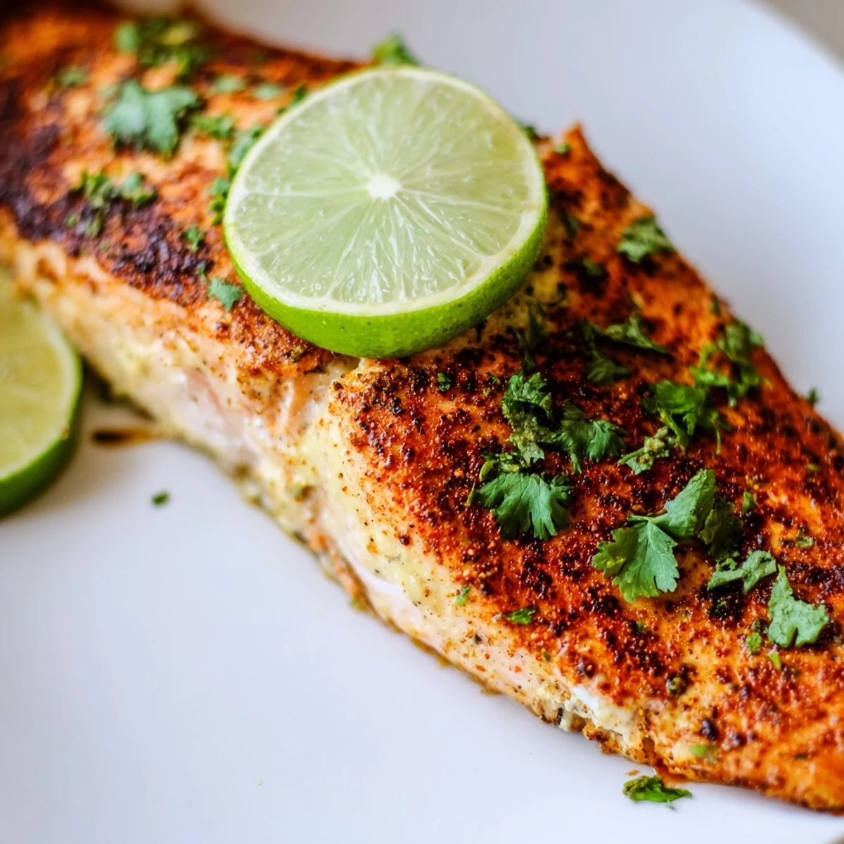 Perfectly cooked Baked Salmon with Cajun Seasoning and Lime, flaky and moist, served on a plate with steamed rice.