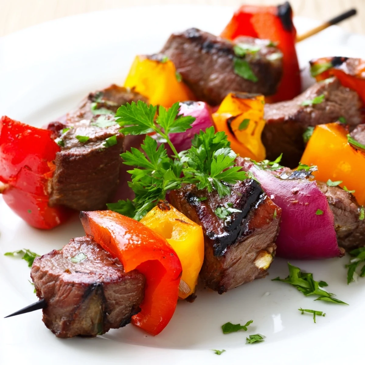Tender skewers of Beef Kebabs with Bell Peppers and Red Onion plated on a rustic board with lemon wedges.