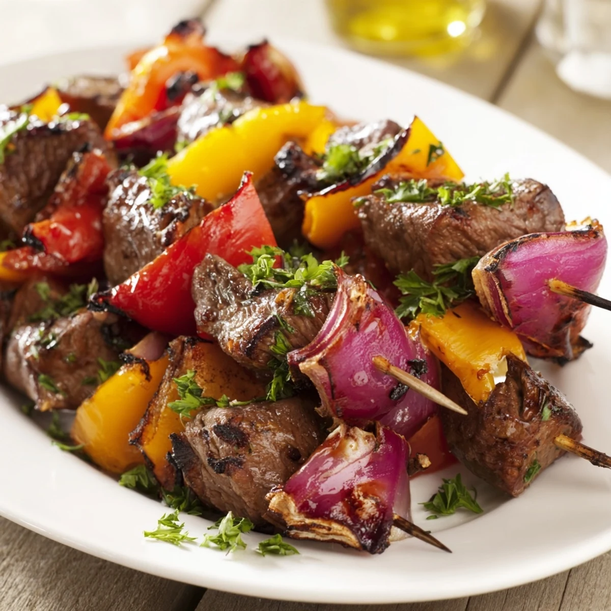 Close-up view of Beef Kebabs with Bell Peppers and Red Onion showcasing juicy beef slices and smoky vegetables.