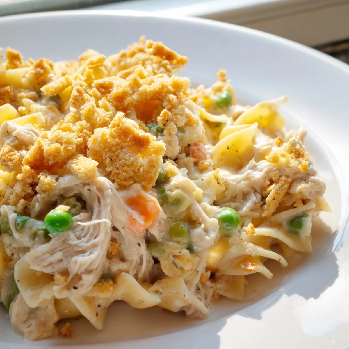 A close-up of Chicken Noodle Casserole with Buttery Cracker Crumble, featuring creamy sauce and golden brown crumbs.
