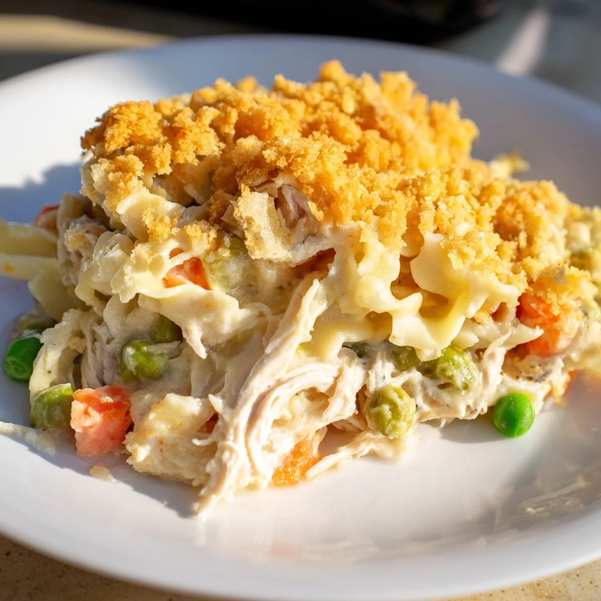 Homestyle Chicken Noodle Casserole with Buttery Cracker Crumble baked in a dish, paired with a fresh side salad.