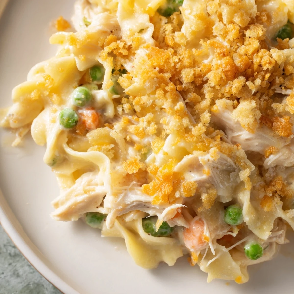 A spoon scoops into a warm Chicken Noodle Casserole with Buttery Cracker Crumble, revealing tender chicken, egg noodles, and veggies.