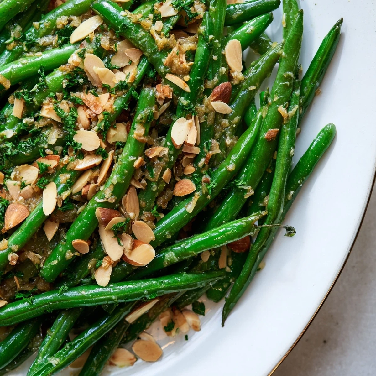 Crisp-tender green beans in Lemon Garlic Green Beans with Toasted Almonds are served warm with a bright citrus aroma.