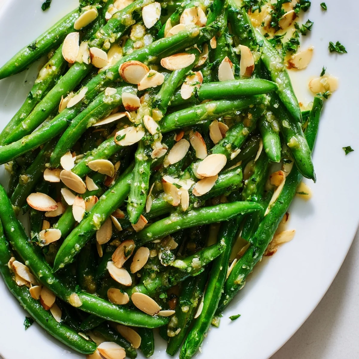 A close-up shows Lemon Garlic Green Beans with Toasted Almonds glistening in buttery sauce with golden toasted almonds.