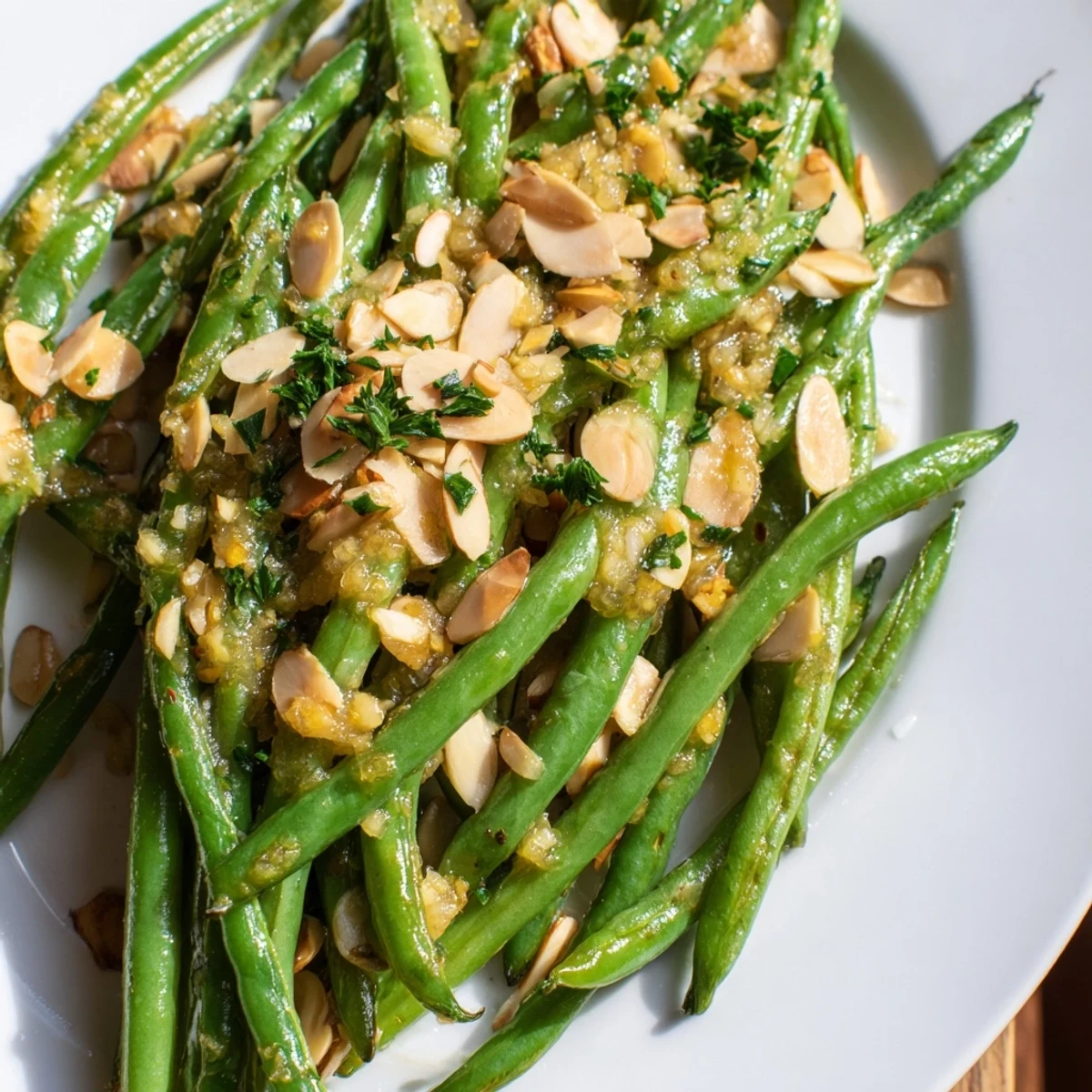 Perfect side dish of Lemon Garlic Green Beans with Toasted Almonds beside roasted chicken on a white dinner plate.