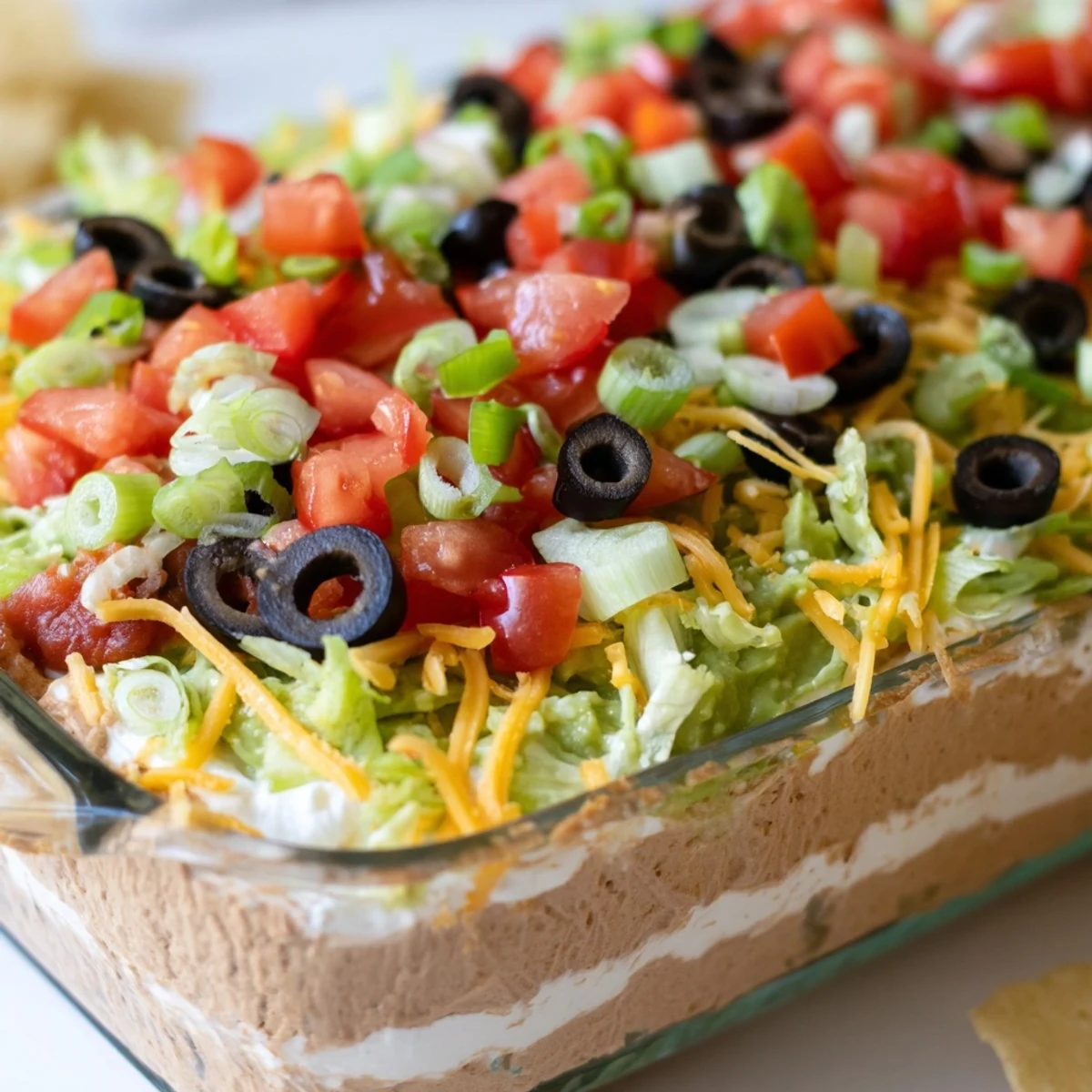 A festive platter of Super Bowl Seven Layer Taco Dip featuring creamy sour cream and guacamole, served with crunchy tortilla chips.