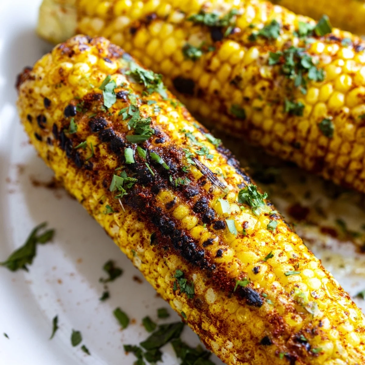 Sizzling Cajun Spiced Grilled Corn on the Cob topped with fresh parsley and lime wedges.