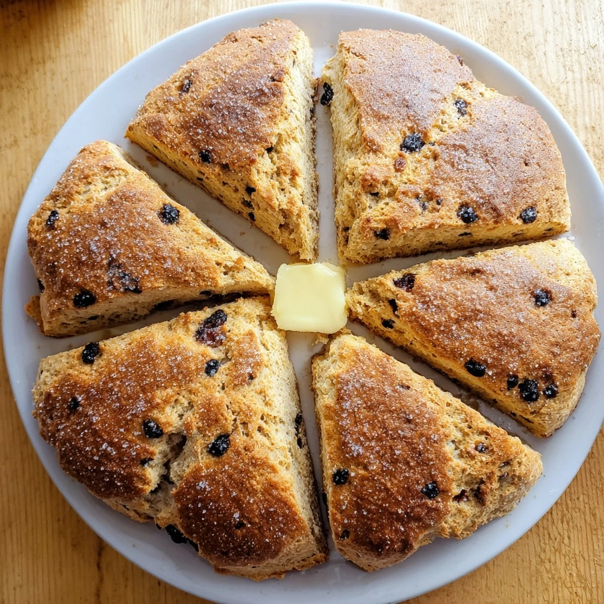 Freshly baked Irish Soda Bread Scones, a breakfast treat with visible currants and light dusting.
