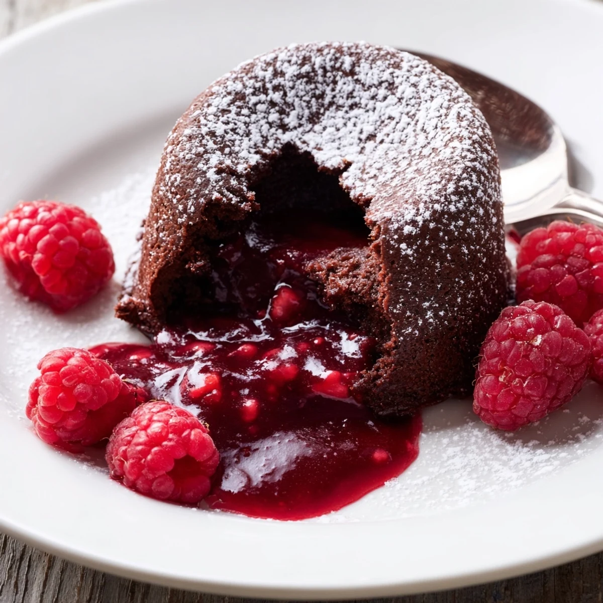 Gooey chocolate lava cakes with raspberry sauce, served warm on a dessert plate with powdered sugar dusting.