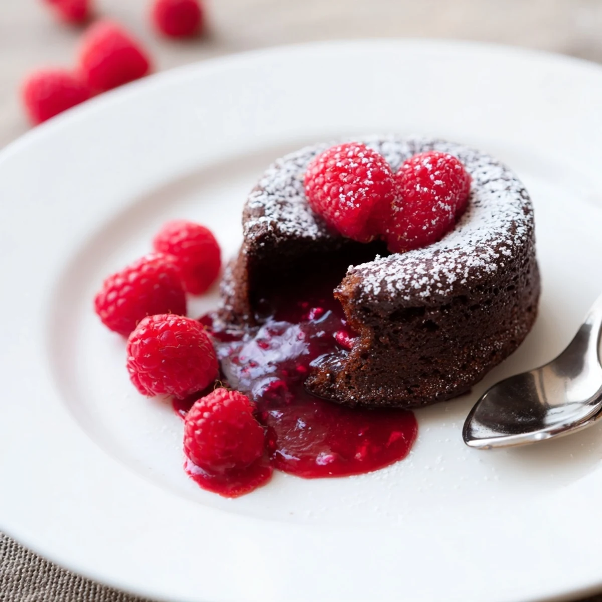 Decadent chocolate lava cakes and vibrant raspberry sauce, plated for an elegant dessert at home.