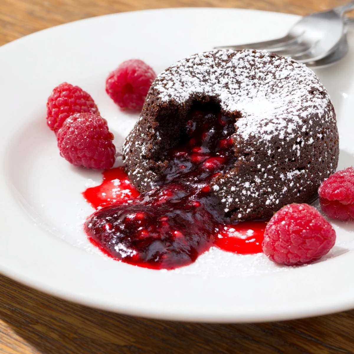 Molten-centered chocolate lava cakes with tangy raspberry sauce, garnished with fresh berries and ready to serve.