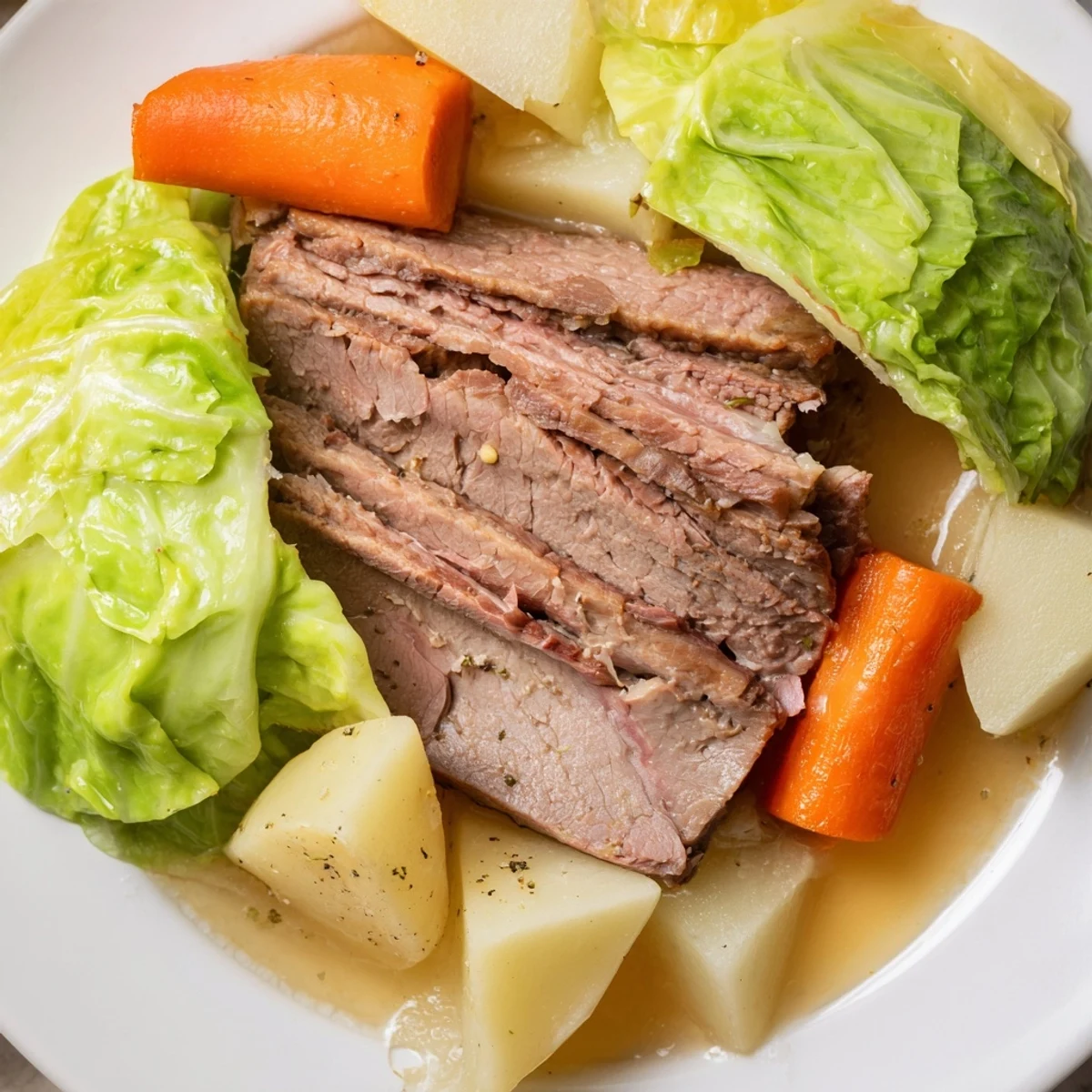Platter of tender St. Patrick's Day Halal Corned Beef with cabbage, potatoes, and carrots, glistening with savory broth.