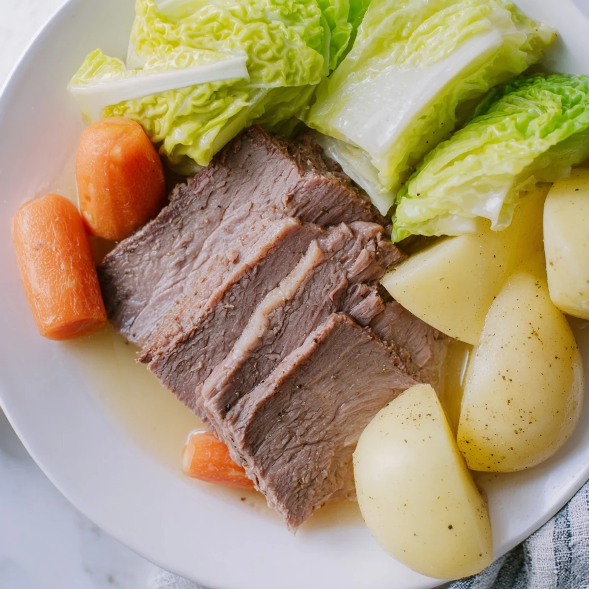Close-up of sliced St. Patrick's Day Halal Corned Beef brisket served with vibrant green cabbage and root vegetables.