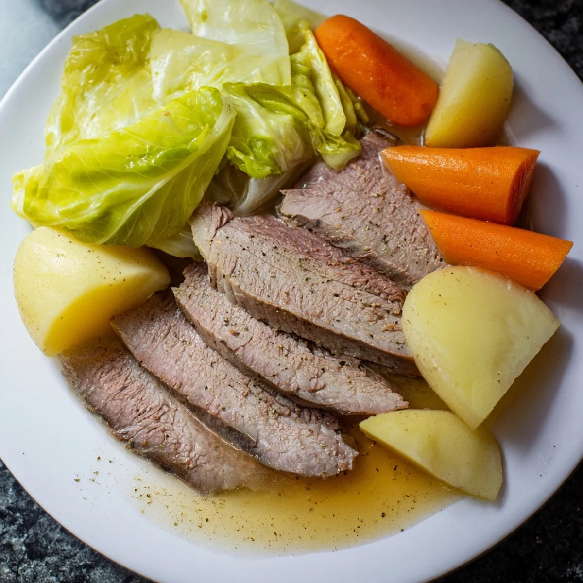 Festive St. Patrick's Day Halal Corned Beef and vegetables arranged on a rustic serving dish, ready to enjoy.