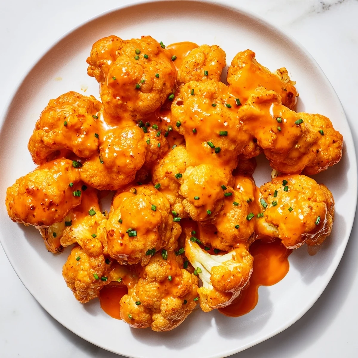 Golden-brown Championship Buffalo Cauliflower Bites fresh from the oven, drizzled with creamy ranch dressing and topped with fresh chives.