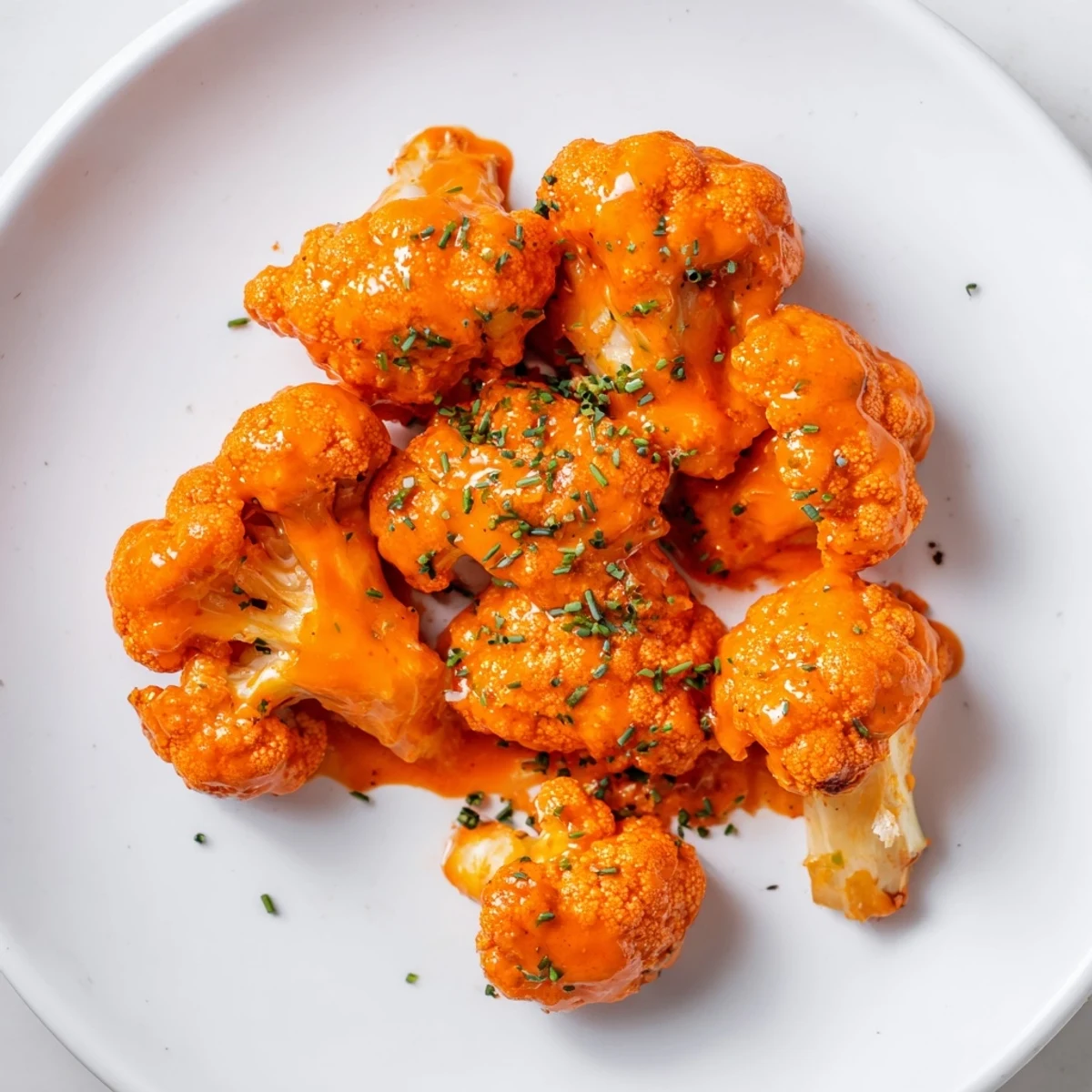 Freshly baked Championship Buffalo Cauliflower Bites tossed in tangy buffalo sauce, served hot on a parchment-lined baking sheet.