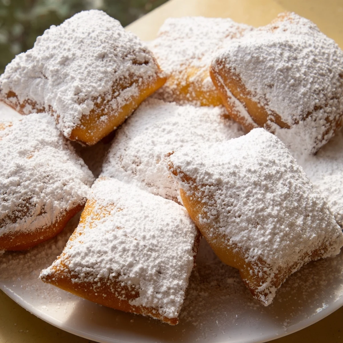 Freshly fried Mardi Gras beignets lie on a plate, each generously dusted with powdered sugar, ready to be enjoyed with a steaming cup of coffee.