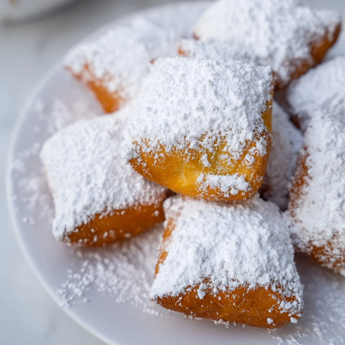 A close-up view of warm Mardi Gras beignets reveals their crispy edges and soft centers, sprinkled heavily with sweet powdered sugar.