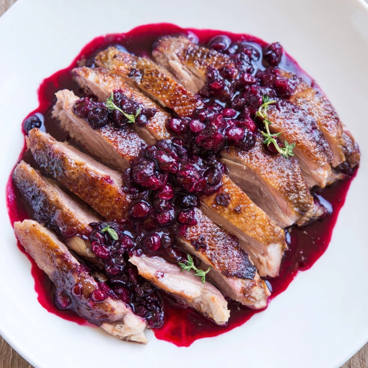 Golden-brown crispy-skinned Romantic Roasted Duck Breast with Berry Sauce, sliced and drizzled over creamy mashed potatoes for a romantic dinner.