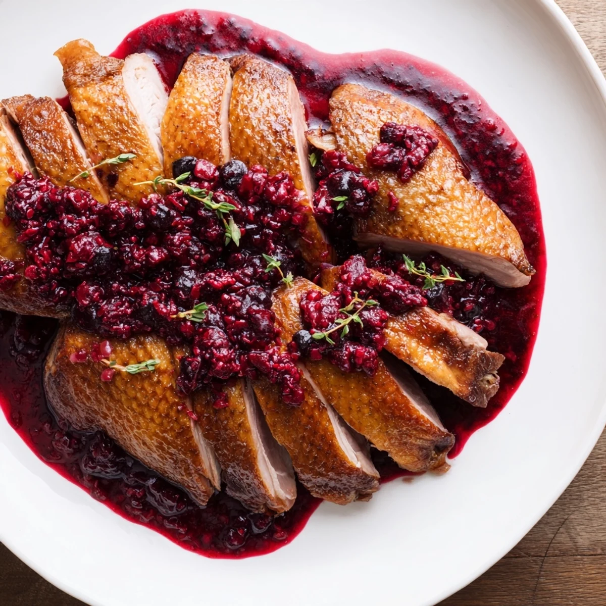 Close-up of Romantic Roasted Duck Breast with Berry Sauce, showing tender pink meat and a rich, glossy, dark red berry drizzle.