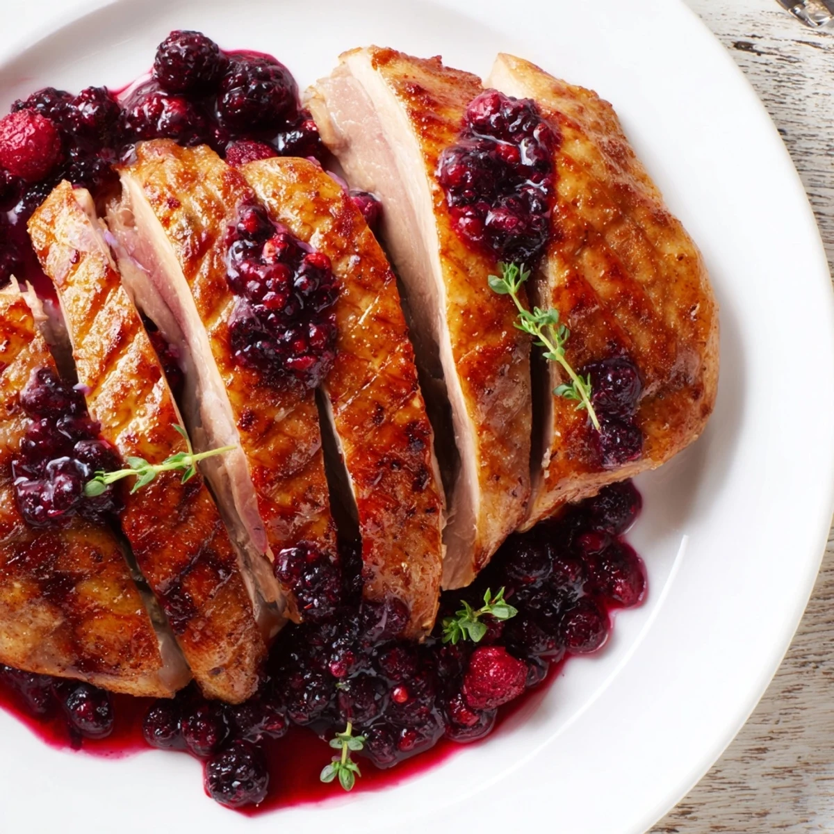 Plated Romantic Roasted Duck Breast with Berry Sauce served alongside wild rice and fresh thyme, perfect for a special occasion meal.