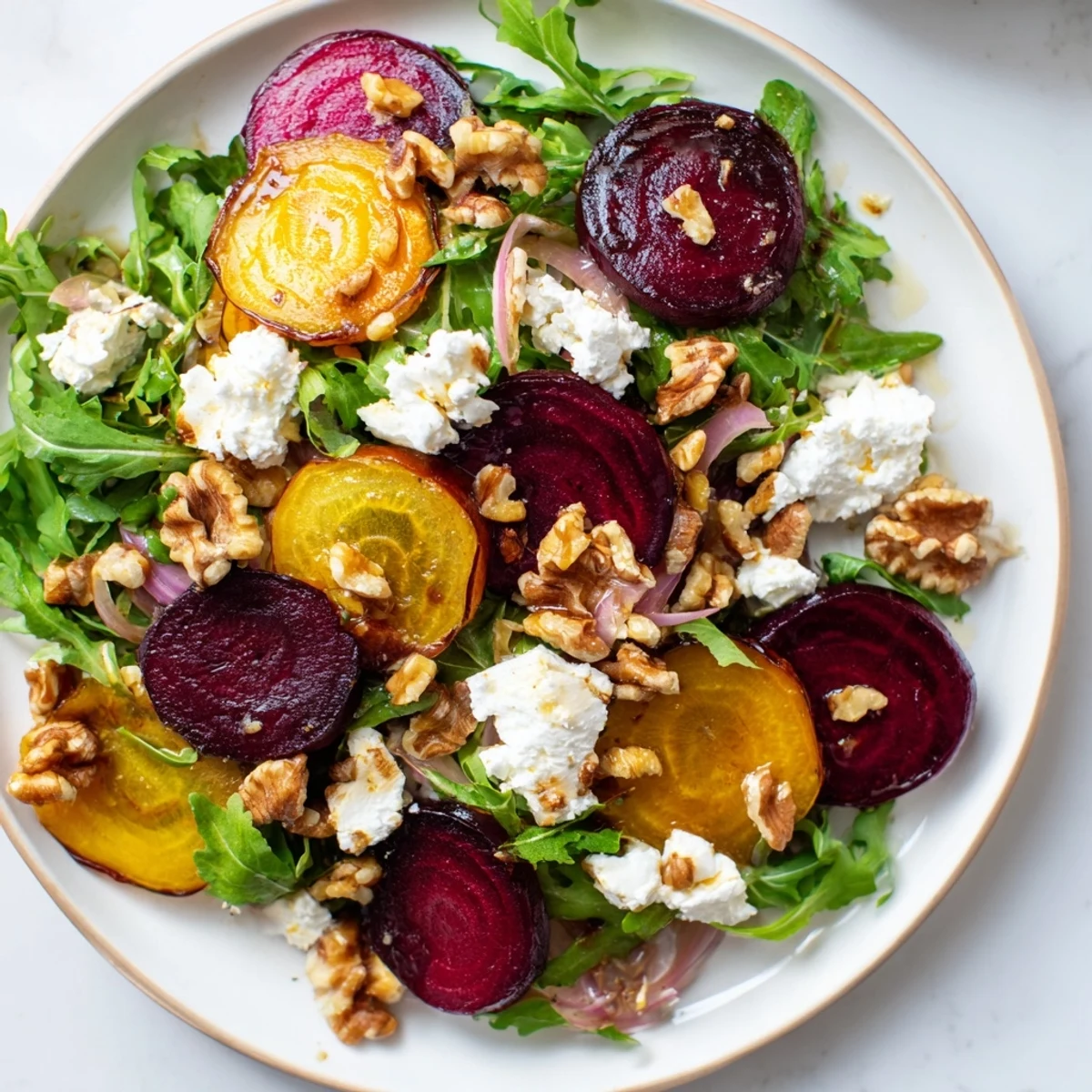 Vibrant Valentine Beet and Goat Cheese Salad with roasted beets, creamy cheese, and walnuts on a bed of arugula.