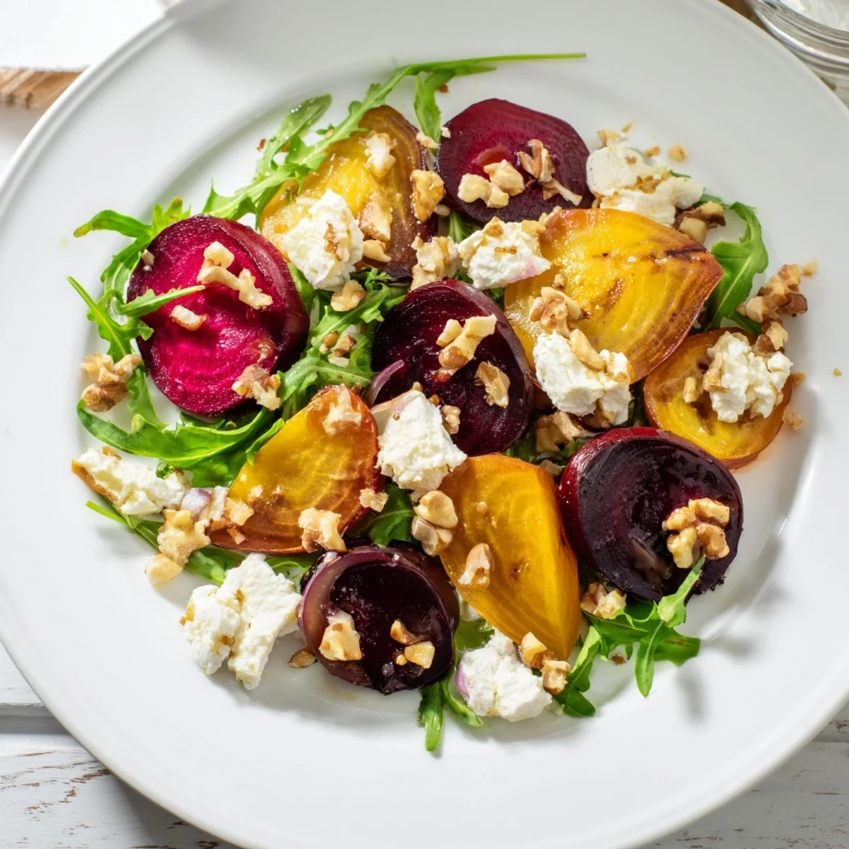 A close-up of the Valentine Beet and Goat Cheese Salad, drizzled with balsamic dressing for a romantic appetizer.