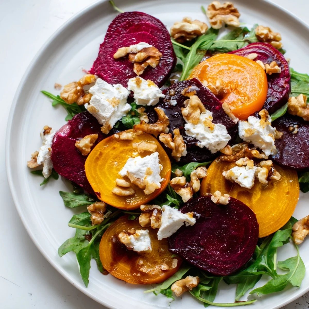 This plated Valentine Beet and Goat Cheese Salad features heart-shaped beets and crunchy walnuts, perfect for a special dinner.