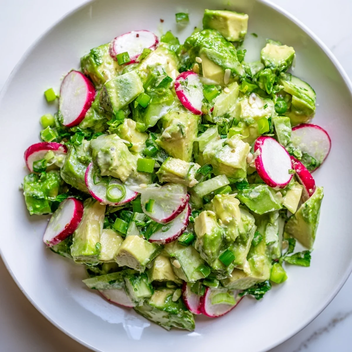 Tossed green goddess salad in a white bowl, featuring diced avocado, cucumber, and scallions, ready to serve as a refreshing light meal or side.