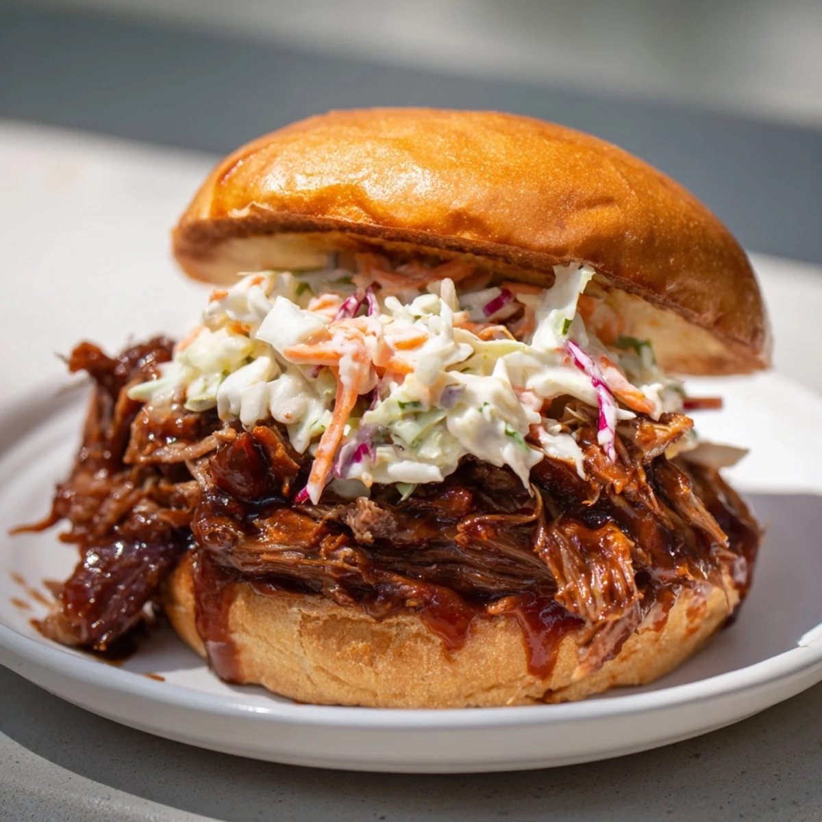 Slow roasted pulled beef sandwiches piled high on a toasted brioche bun with creamy tangy slaw.