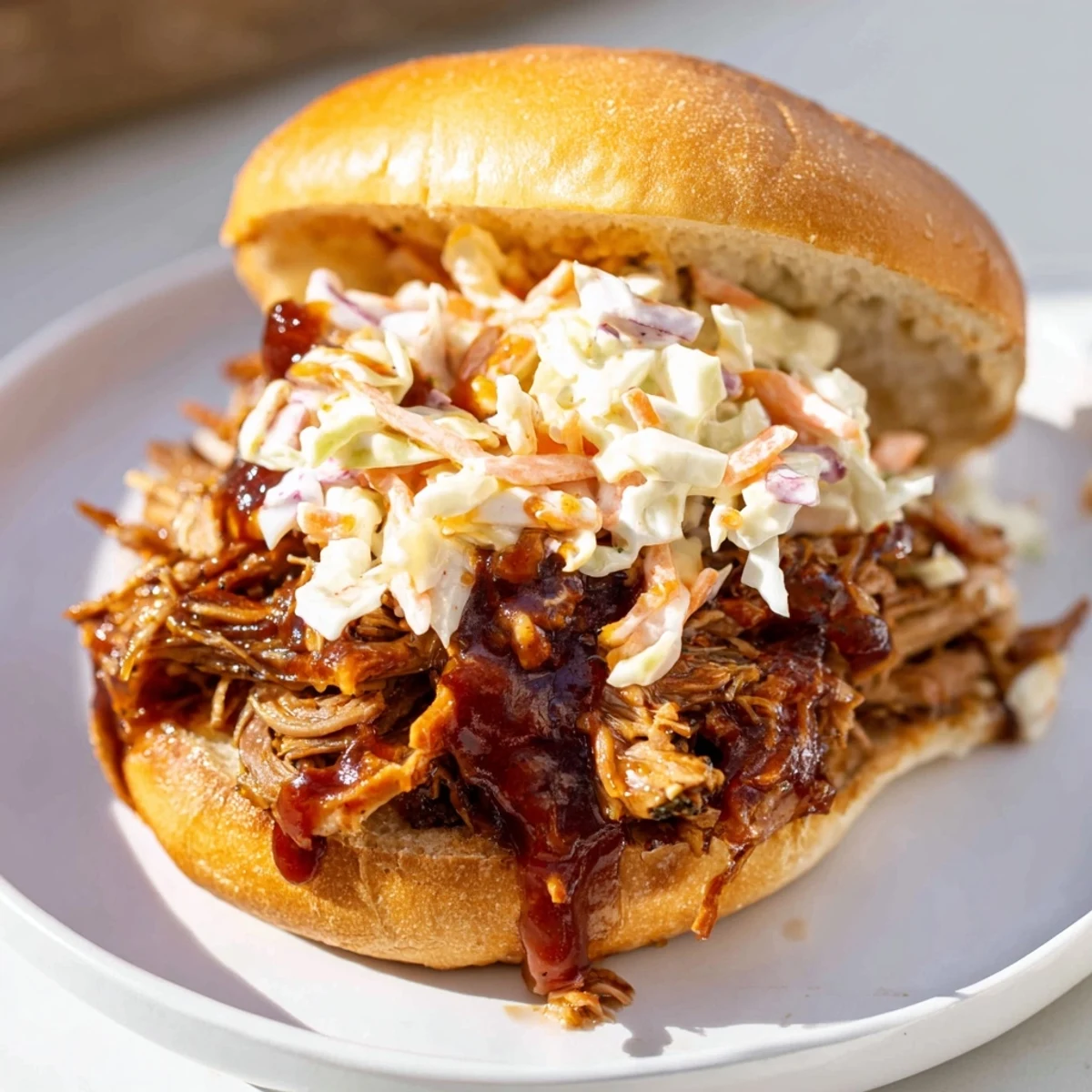 Savory, tender pulled beef sandwiches with smoky barbecue sauce and crisp coleslaw on soft buns.