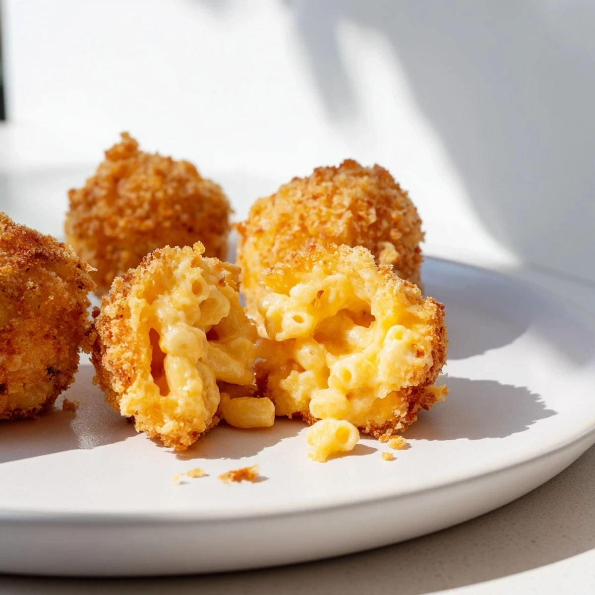 A close-up of bite-sized fried macaroni and cheese balls, showcasing a crunchy exterior and creamy, cheesy interior.  