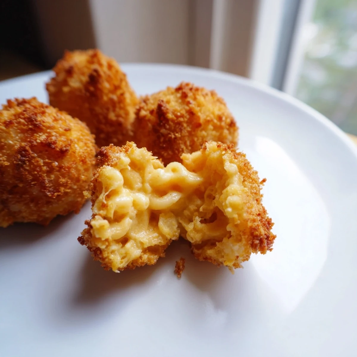 Golden brown fried macaroni and cheese balls with a crispy panko crust and gooey cheddar center, served on a rustic plate.  