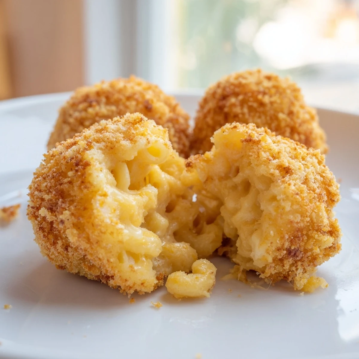 Freshly fried macaroni and cheese balls resting on paper towels, ready to be dipped in marinara sauce.