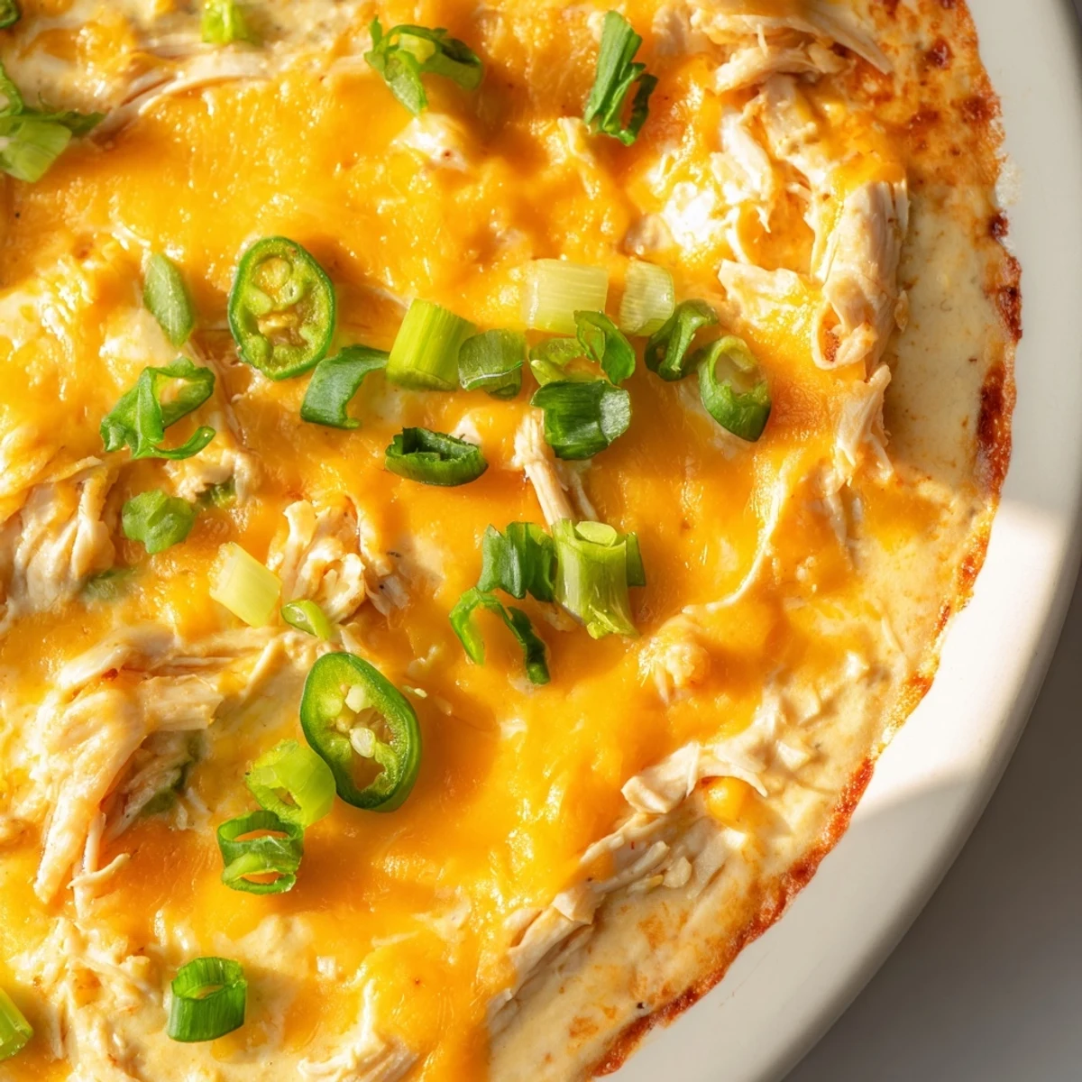 A bubbling Chicken Enchilada Dip in a baking dish, garnished with jalapeños, corn, and served with tortilla chips.