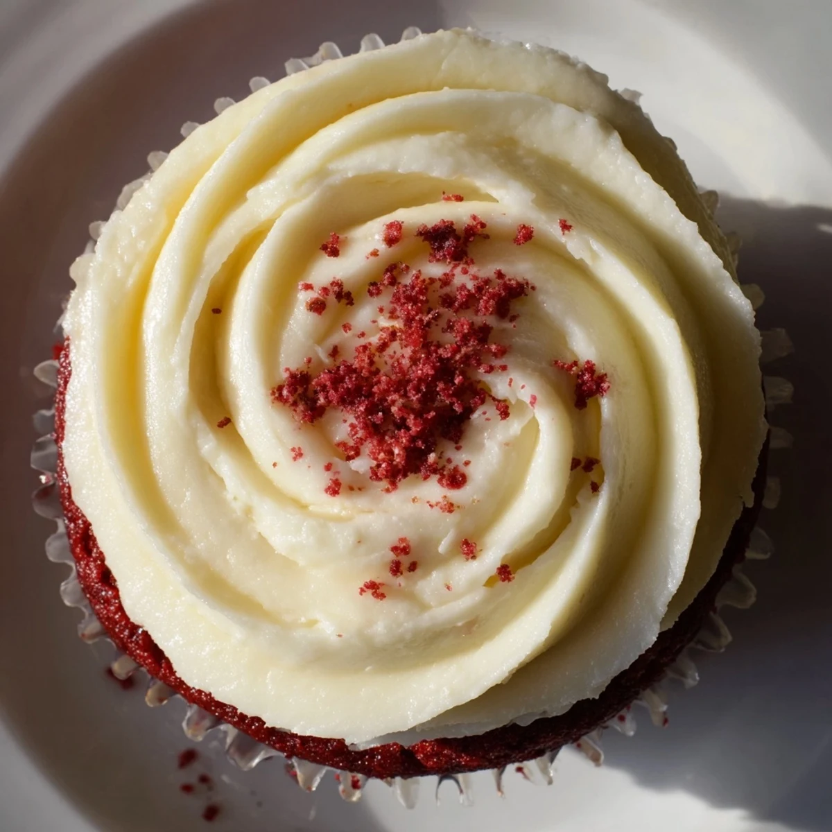 Moist red velvet cupcakes with vibrant red crumb, topped with swirls of fluffy cream cheese frosting on a dessert plate.
