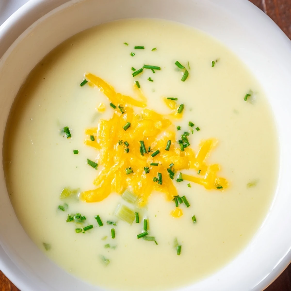 Homemade Irish Potato Leek Soup with Cheddar served warm, finished with a pat of butter and chopped chives.