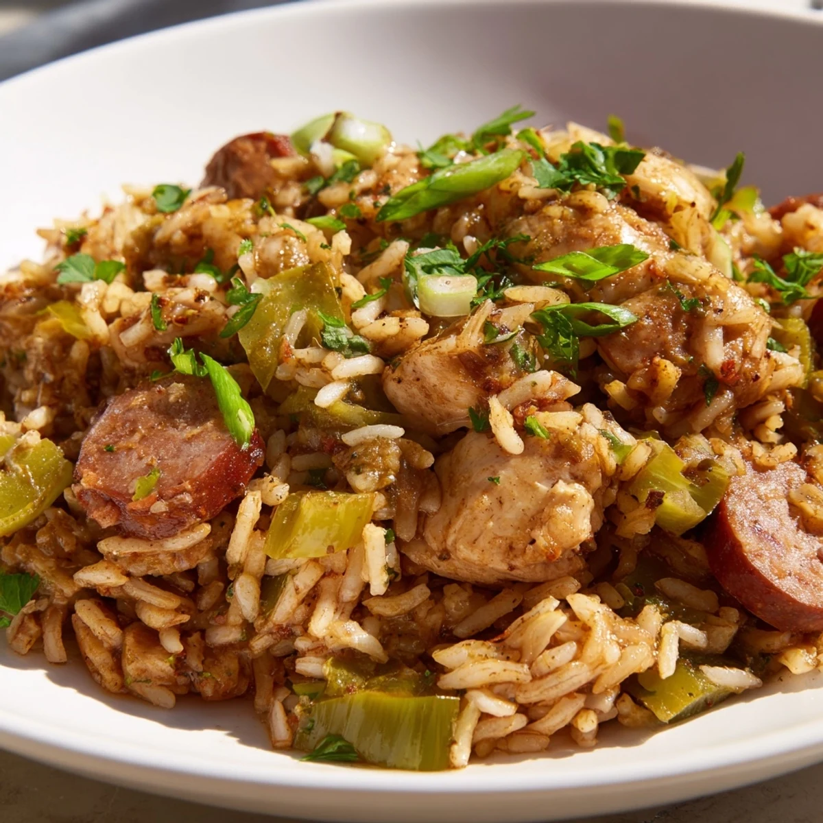 Golden-brown chicken pieces and sliced beef sausage simmer in a rich, tomato-based Creole jambalaya, flecked with rice and colorful bell peppers.