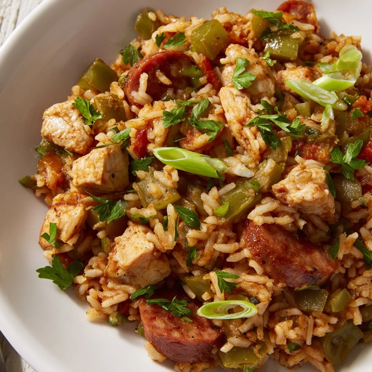 Close-up view of a flavorful jambalaya serving with chicken, beef sausage, and fluffy rice, garnished with fresh parsley and spring onions.