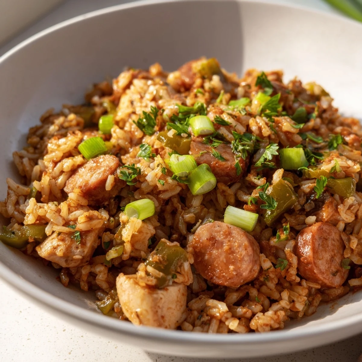 A rustic Dutch oven holds a steaming one-pot jambalaya, loaded with tender chicken, smoky sausage, and aromatic vegetables for a hearty Southern meal.