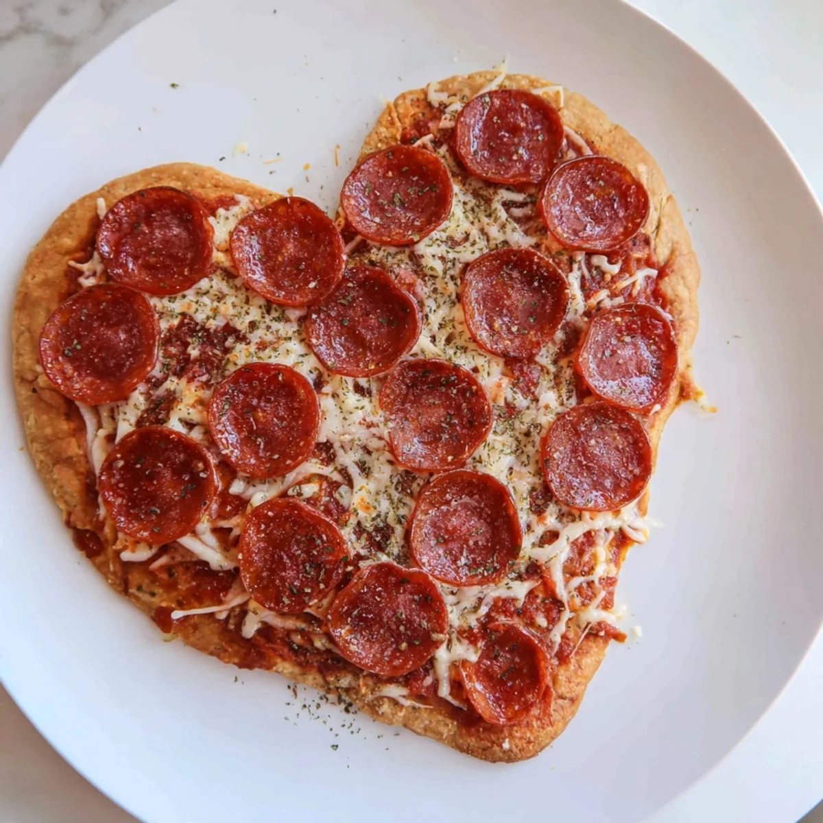 Golden-brown Heart Shaped Pepperoni Pizza fresh from the oven, featuring melted mozzarella, savory beef pepperoni, and fresh basil on a homemade crust.