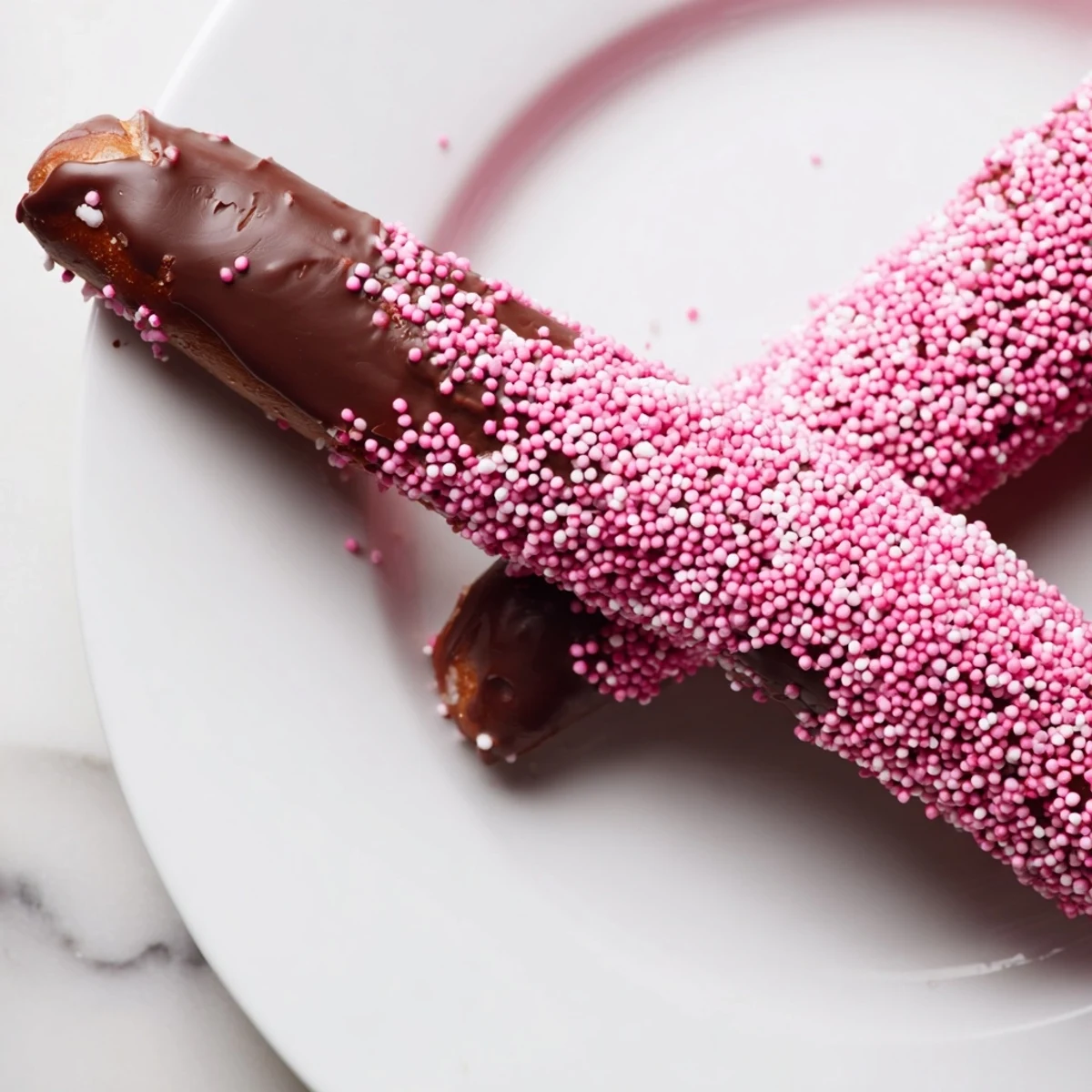 Pretzel rods dipped in rich chocolate, with cheerful pink sprinkles glistening, arranged on a baking sheet for a festive snack.