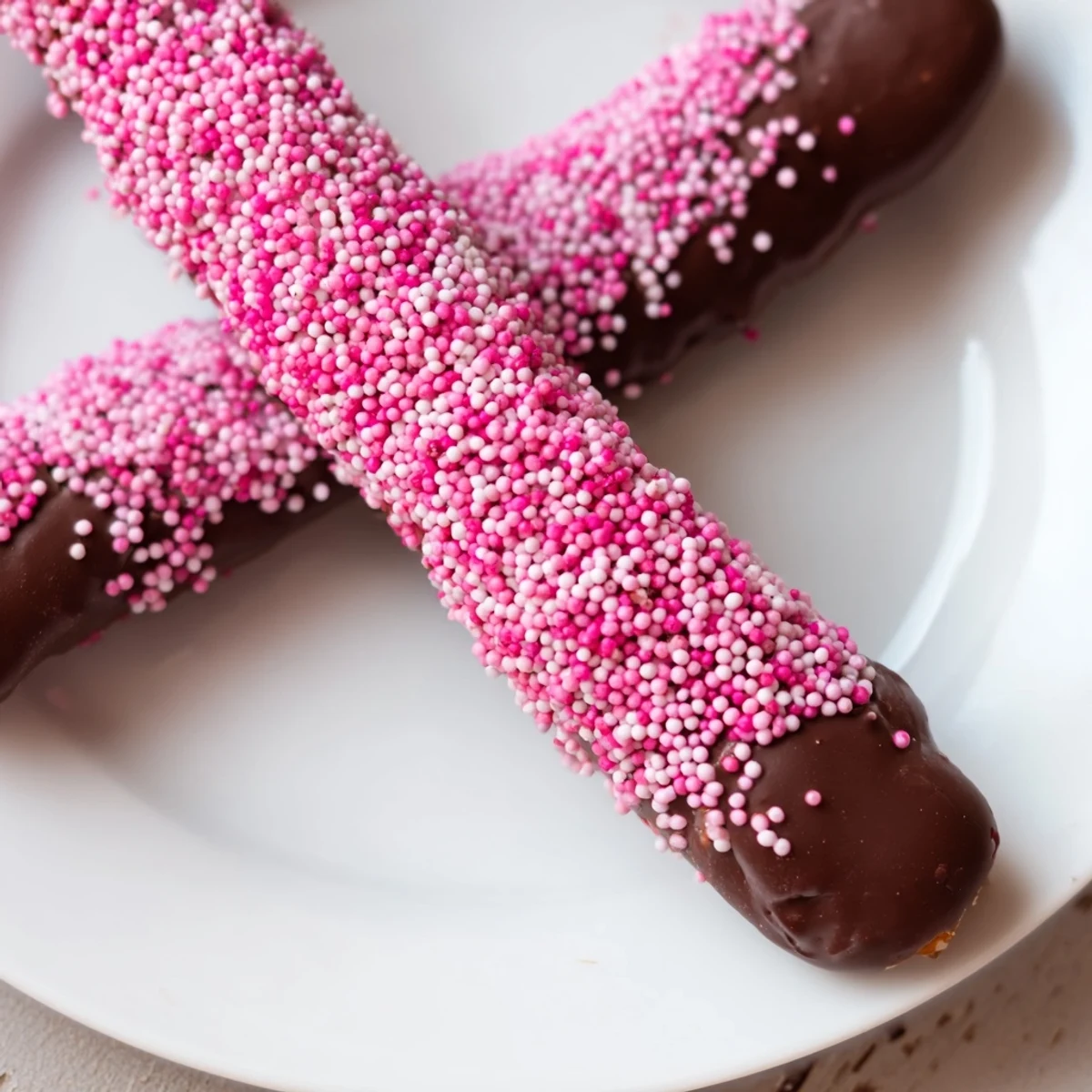 Close-up of chocolate-dipped pretzels with pink sprinkles set on a cooling rack, highlighting the smooth glossy chocolate coating.