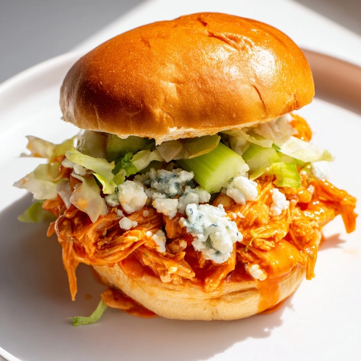Golden buffalo chicken sliders with creamy blue cheese sauce and shredded lettuce on soft buns, perfect for game day.  