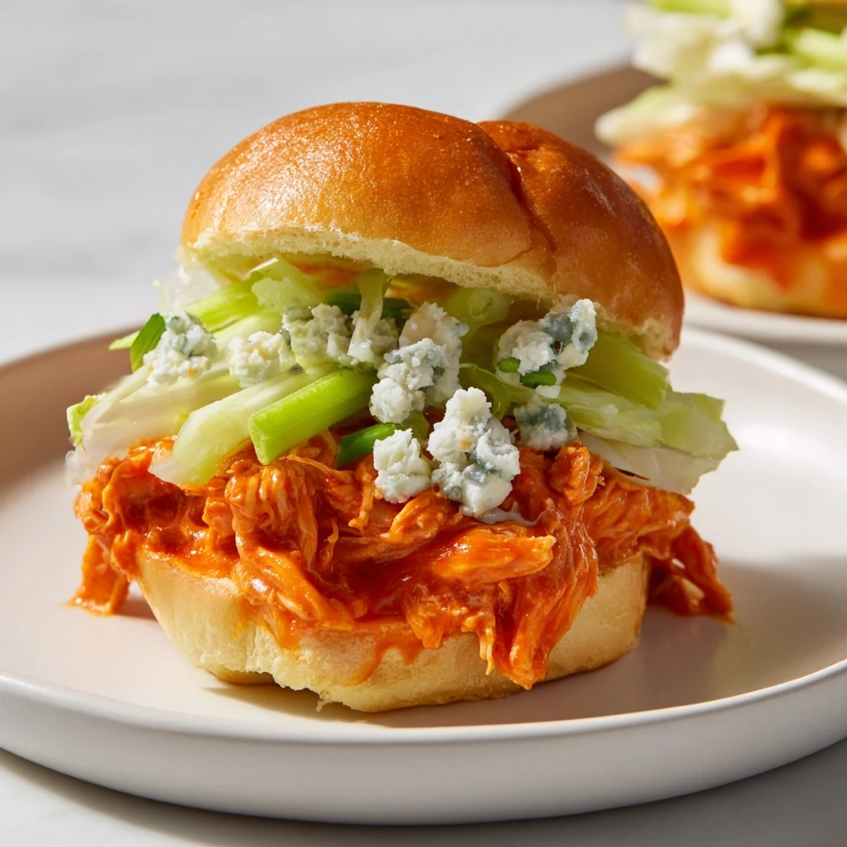 Buffalo Chicken Sliders with Blue Cheese stacked high with tangy sauce and crunchy celery, served as a party appetizer.