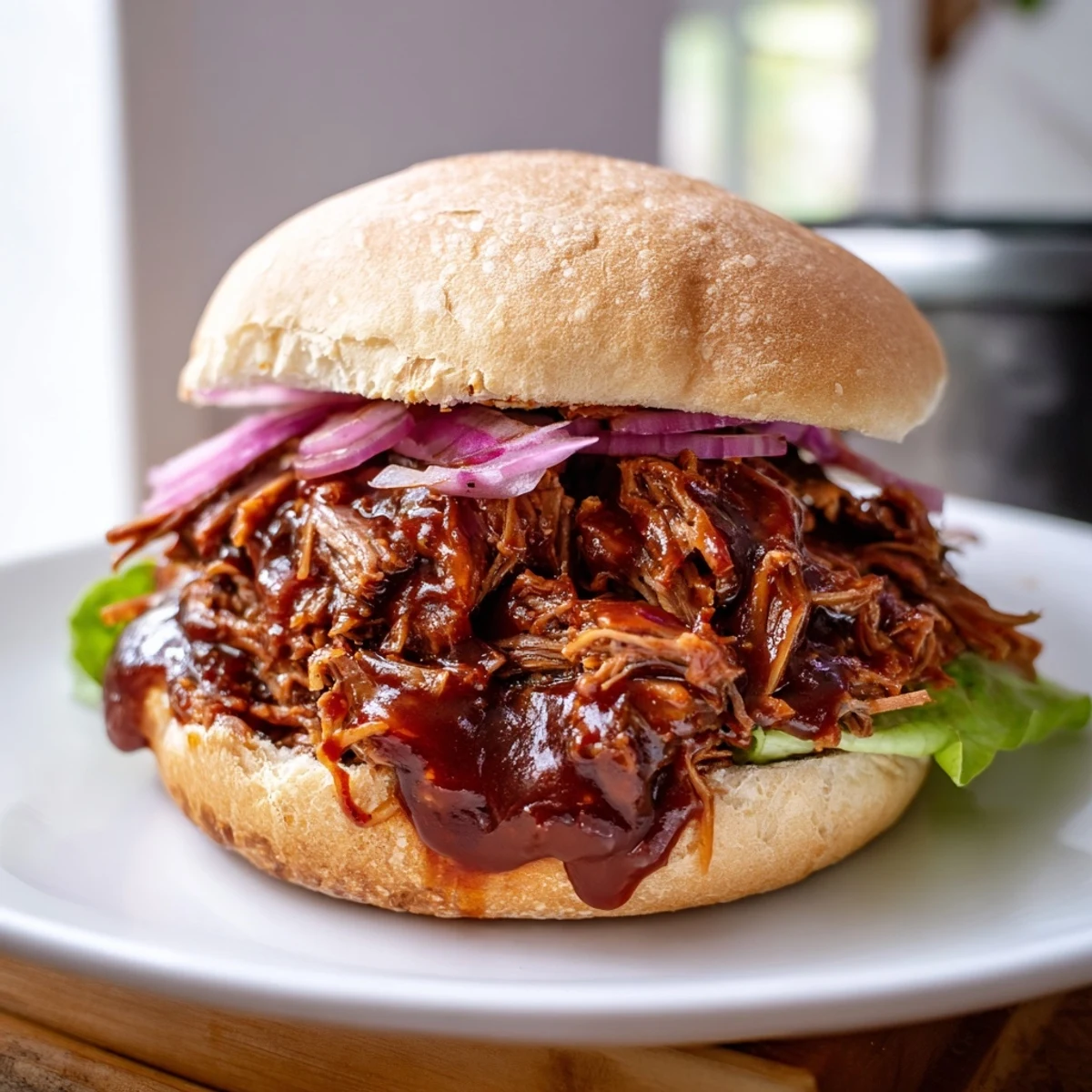 Slow-roasted pulled beef sandwiches with BBQ sauce piled high on soft buns, garnished with fresh red onion and pickles.