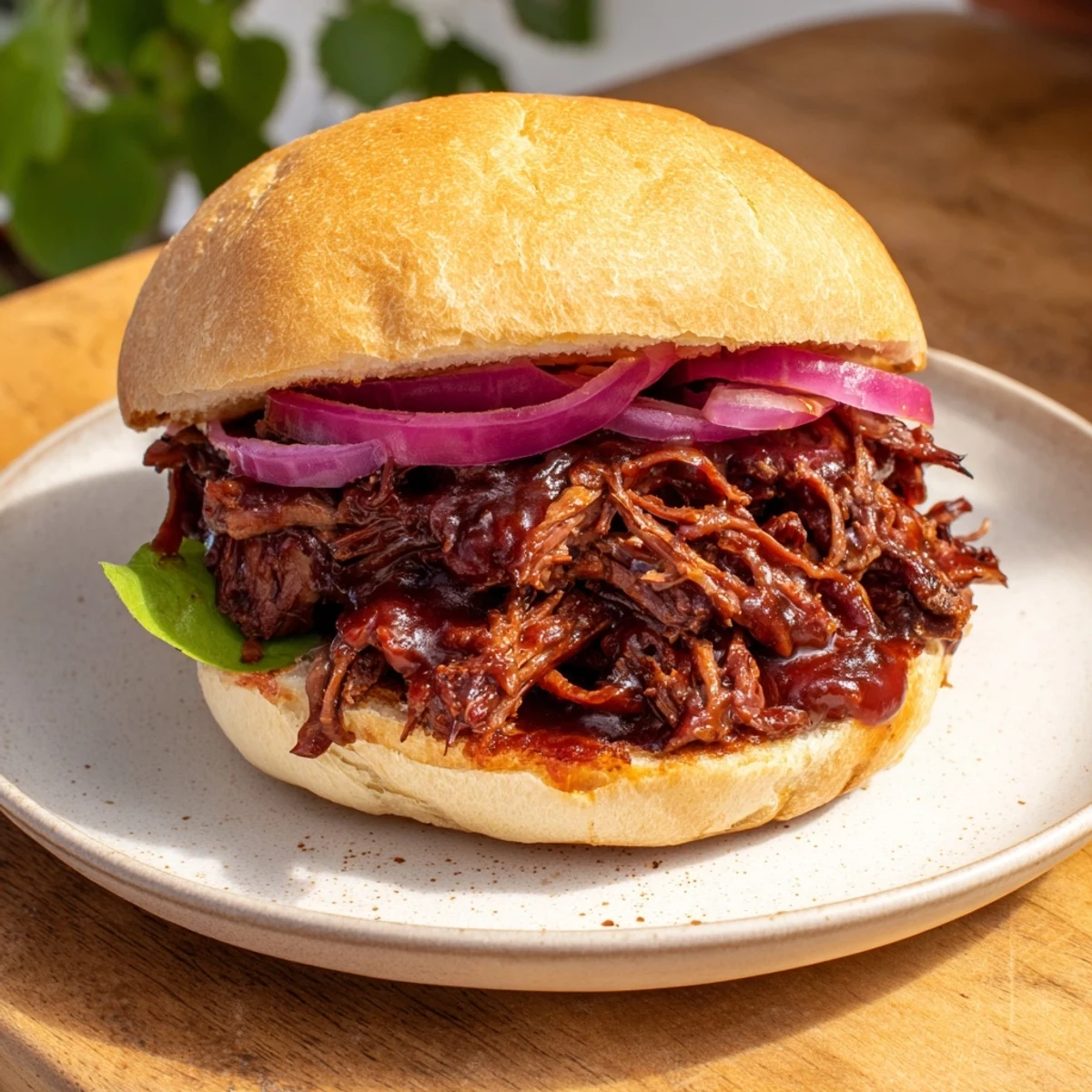 Hearty slow roasted pulled beef sandwiches with BBQ sauce ready to eat, served on a rustic plate with extra sauce.