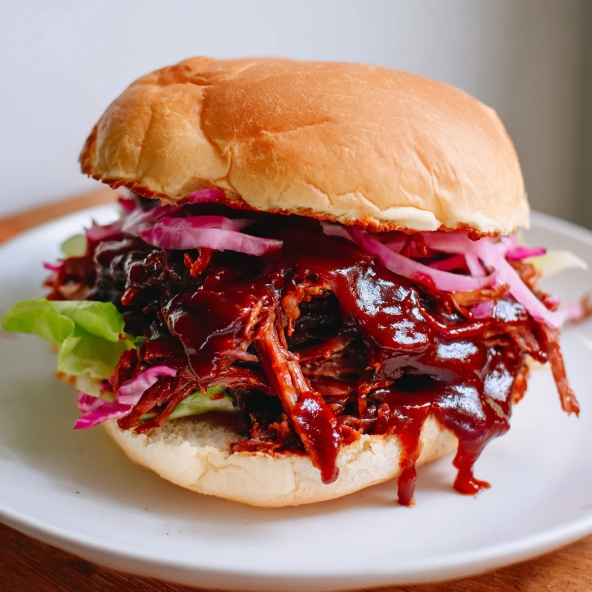 Golden-brown beef chuck roast being shredded for tender pulled beef sandwiches, smothered in tangy homemade BBQ sauce for serving.
