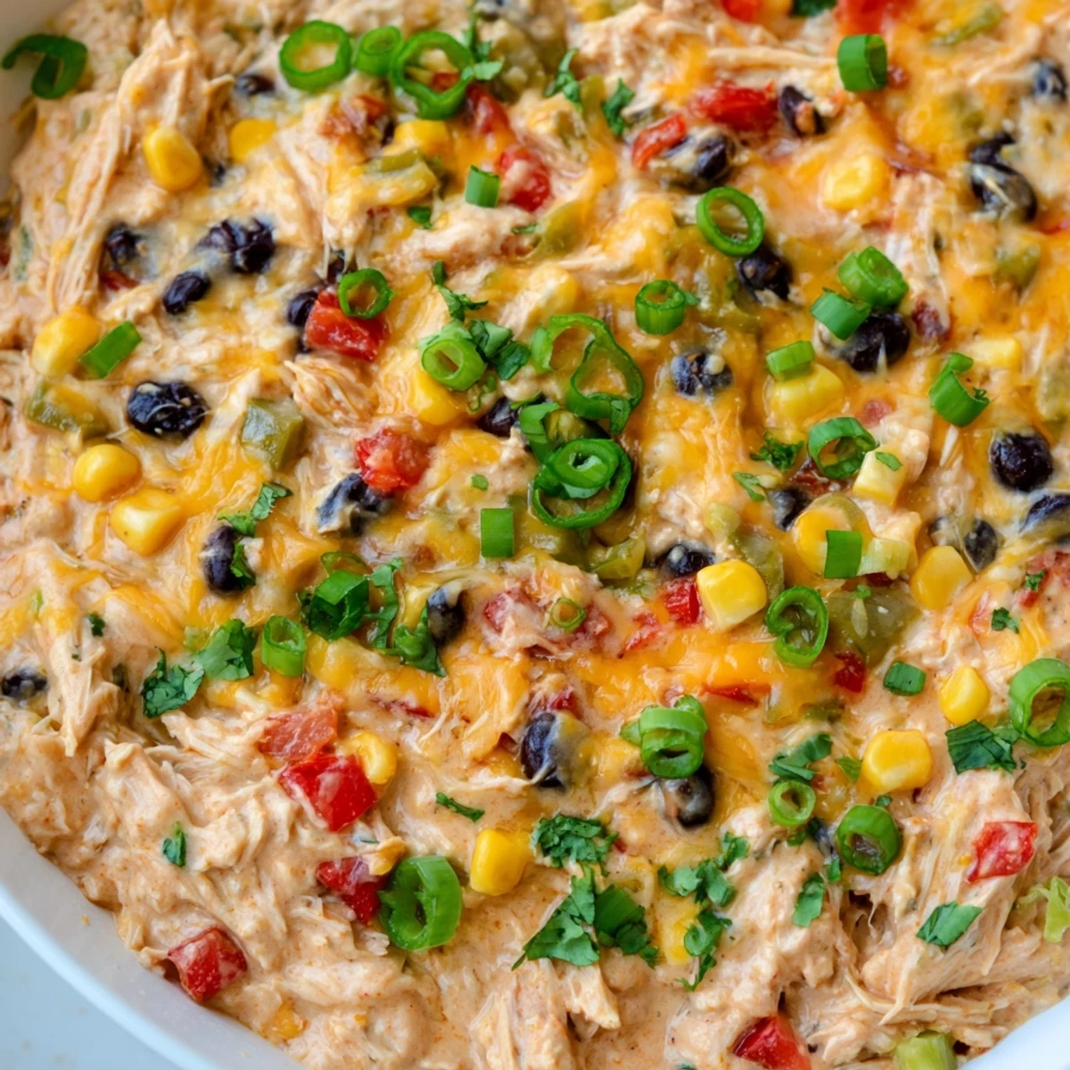 Golden, bubbly Chicken Enchilada Dip with melted cheese in a baking dish, surrounded by tortilla chips for dipping.