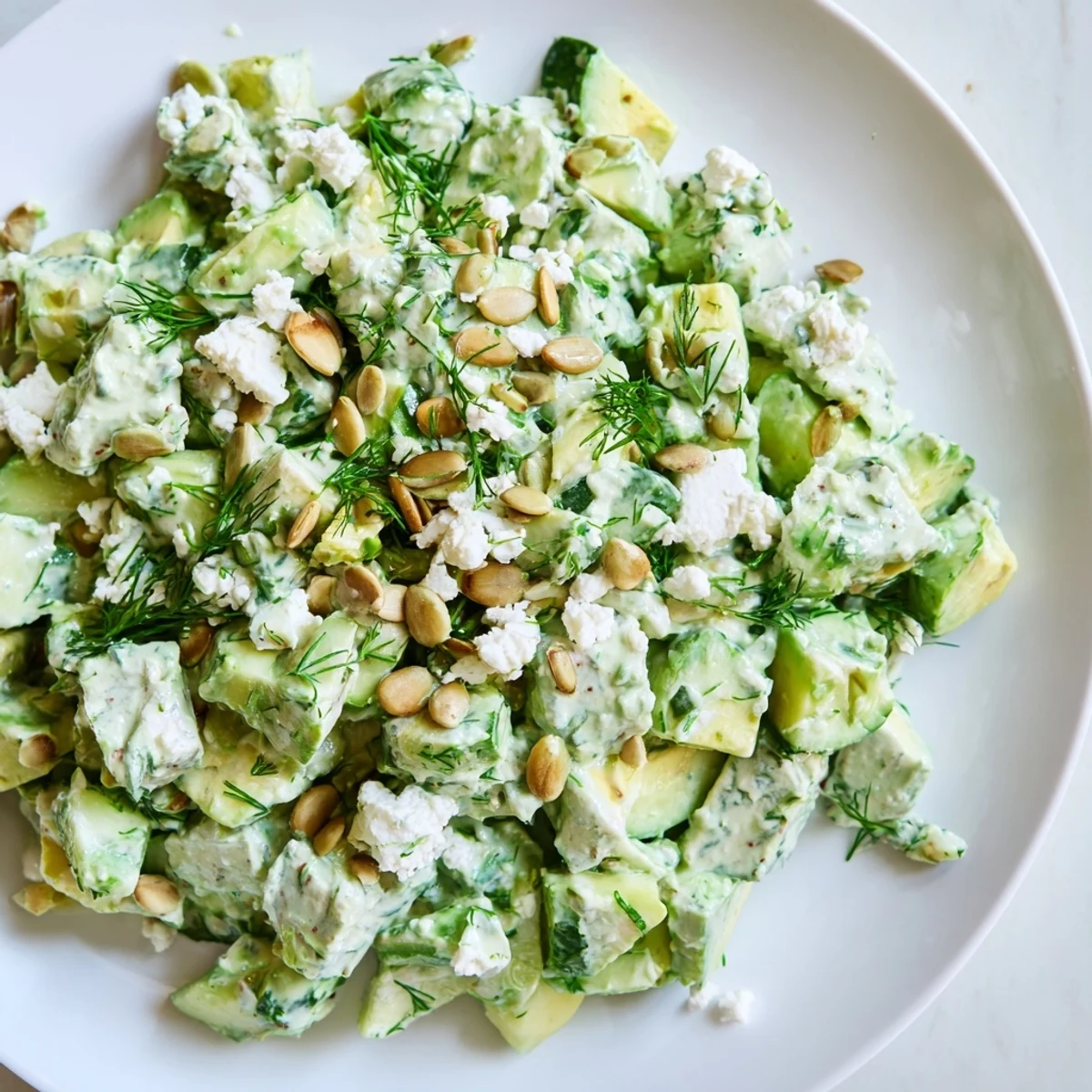 Serving of Green Goddess Salad topped with feta and seeds, perfect for a healthy lunch.